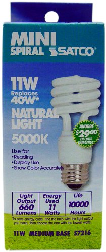 Satco 11-Watt T2 Mini Spiral Light Bulb, 5000K, Frosted, Medium Base, Model S7216, Equivalent to 40W Incandescent for Enclosed Fixtures