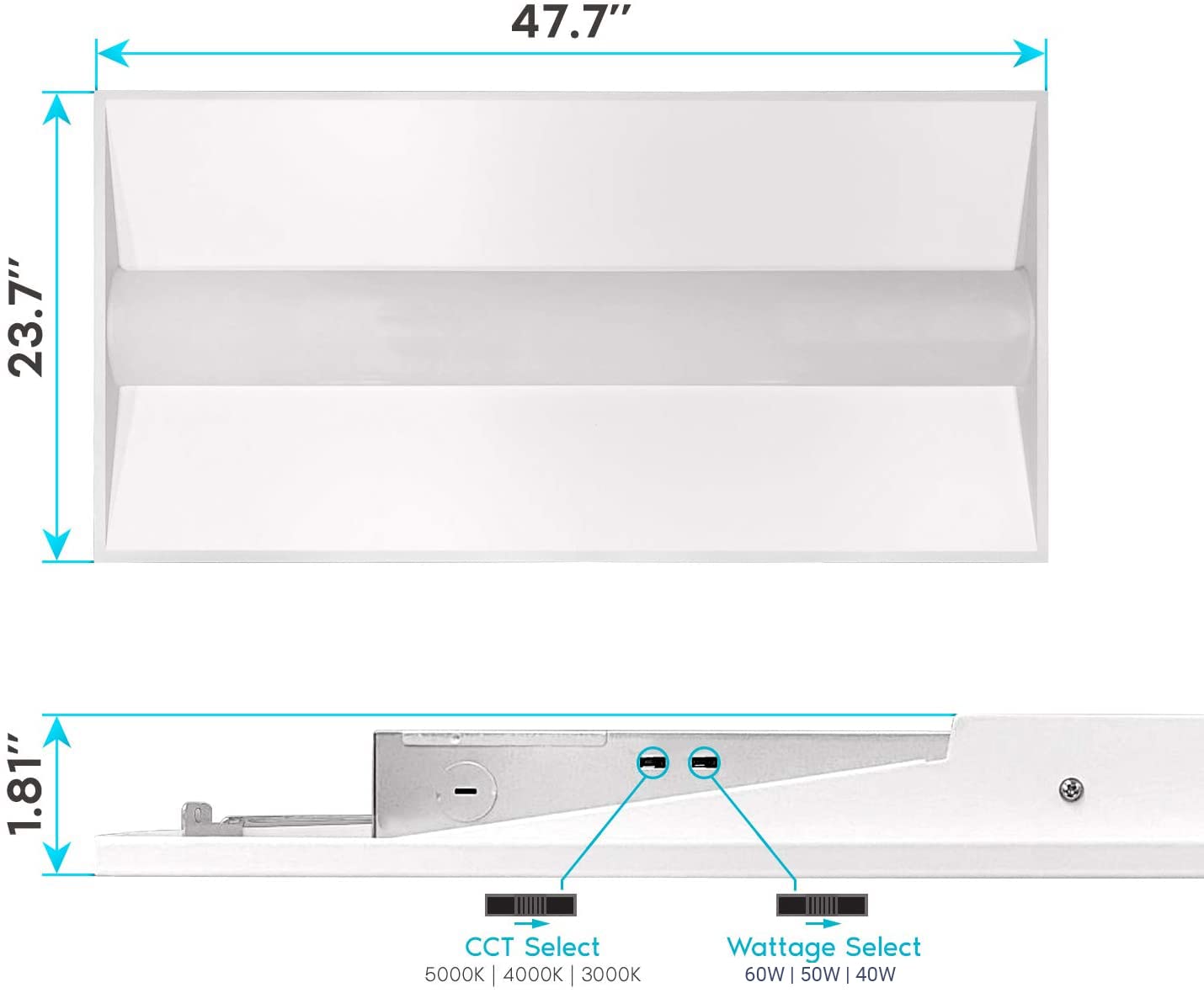 2X4 Ft Center Basket Led Troffer Panel Light, 40/50/60W, 3 Color Options 3000K | 4000K | 5000K, Dimmable Drop Ceiling Lights, 5000/6250/7500 Lumens, Damp Rated, 120-277V, Dlc Premium (4 Pack)