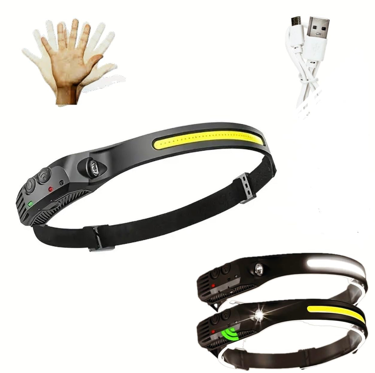1 Headlamp Rechargeable, 270 Wide Beam, Motion Sensor, 10W, Weatherproof, 1000Lumen, 2 Light Source, For Camping, Hiking, Runnin