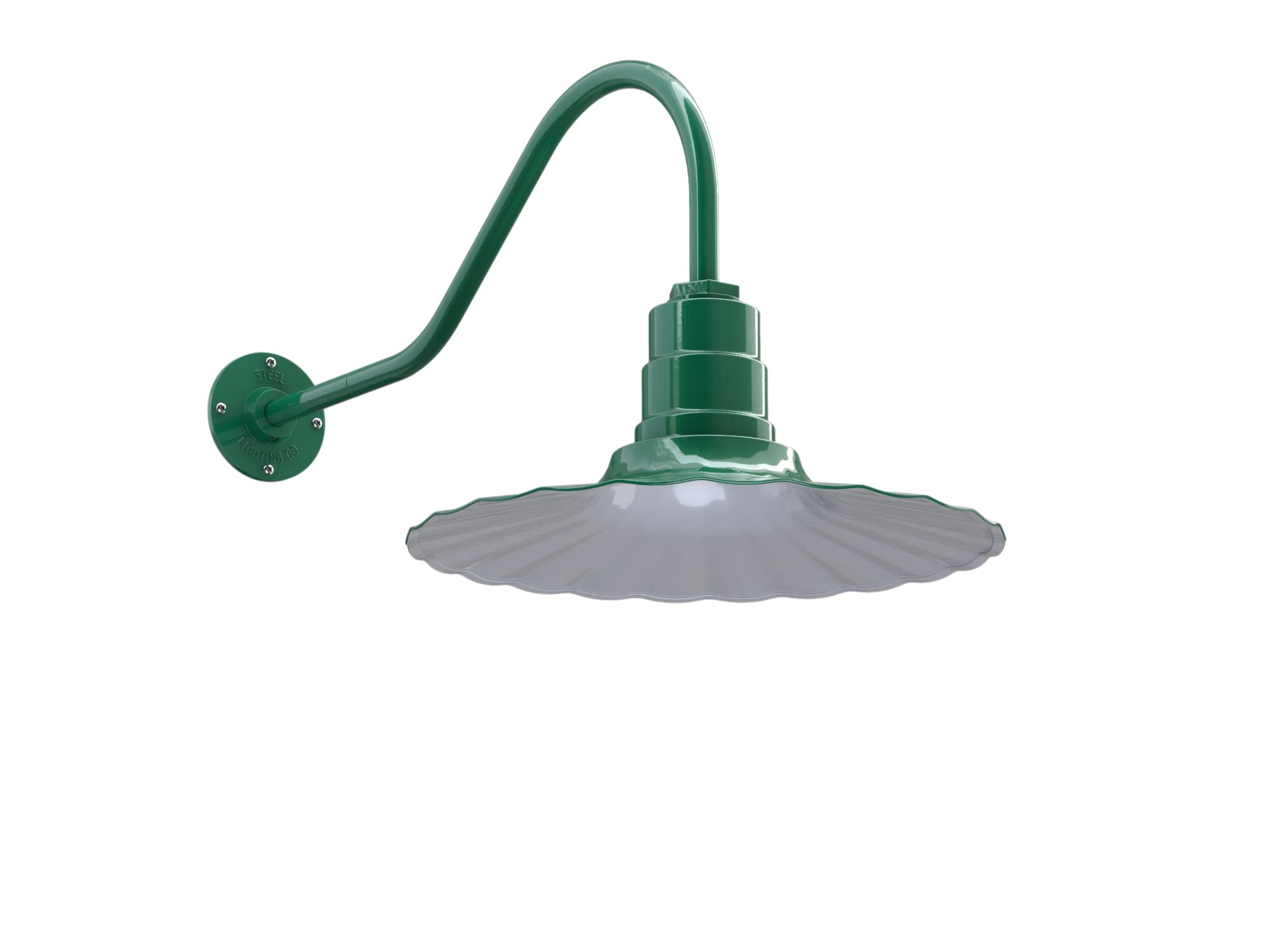 Steel Lighting Co. Highland Park Barn Light, 16in Radial Wave, 23in Gooseneck, Alloy Steel, Green Exterior/White Interior