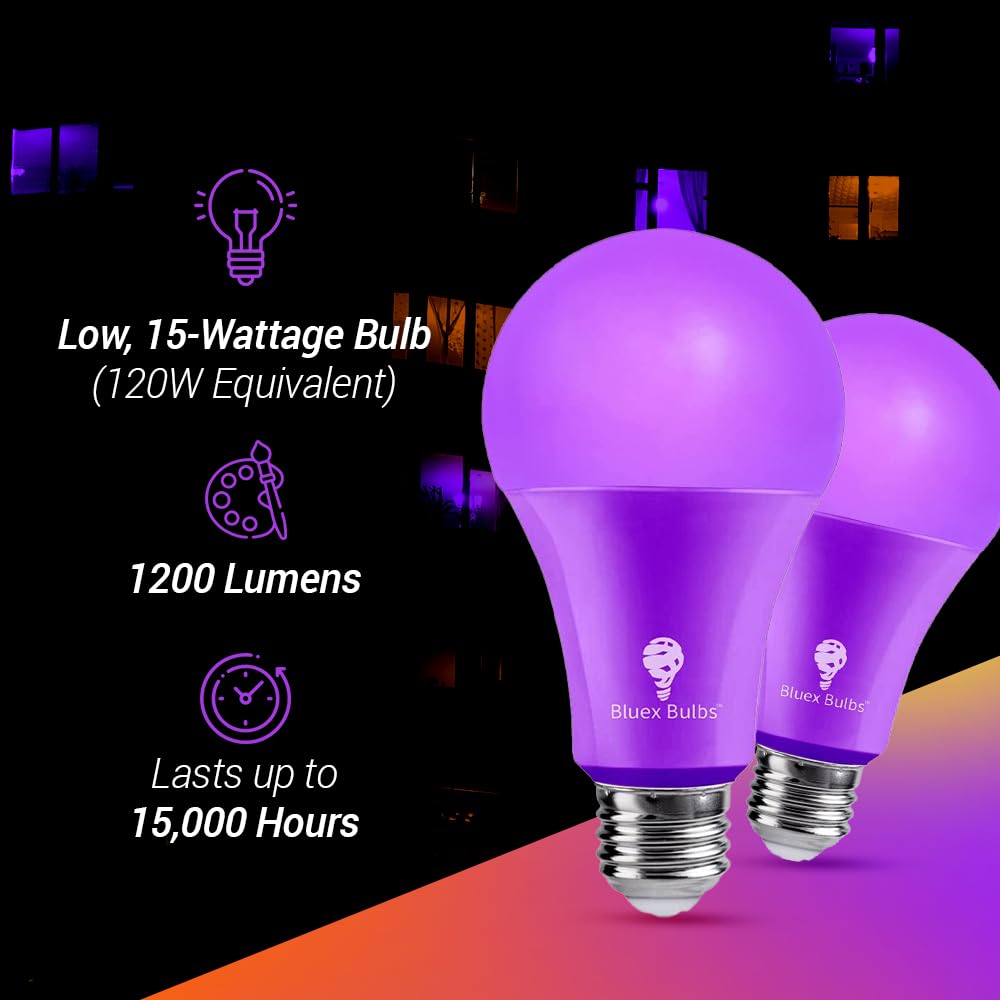 2 Pack Bluex Led A21 Purple Light Bulbs - 15W (120Watt Equivalent) - E26 Base Purple Led Purple Bulb, Party Decoration, Porch, H