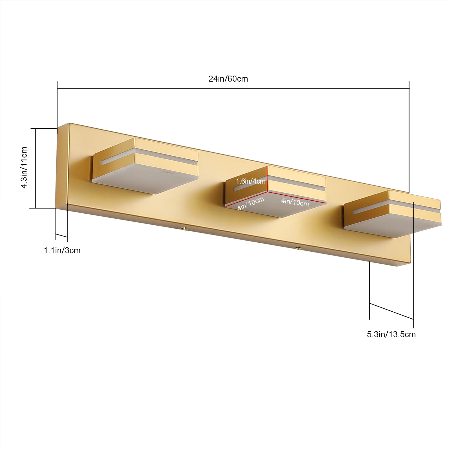SineRise 3-Light Matte Gold LED Bathroom Vanity Light Fixture, 24-Inch, Acrylic, Cool White 6000K, Model H0001-37