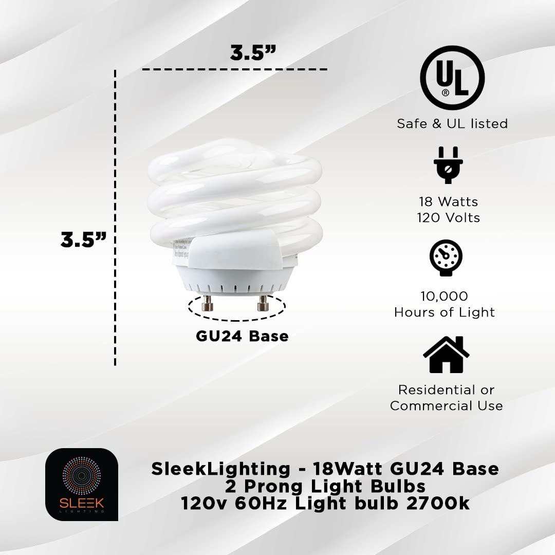 SLEEKLIGHTING 18W T2 Spiral Light Bulbs, Warm White 2700K, GU24 Base, 1170 Lumen, 4 Pack, Compact Fluorescent,