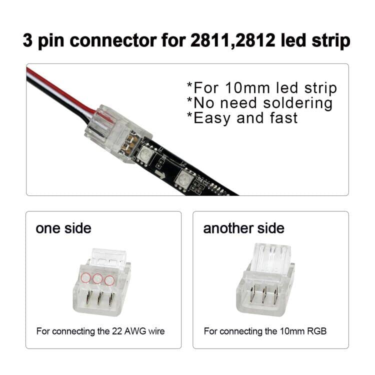 Hamrvl 12 Packs 3 Pin Led Light Connectors For Ws2812B Ws2811 Rgb Led Strip 10Mm, Solderless Transparent Led Strip To Wire Conne