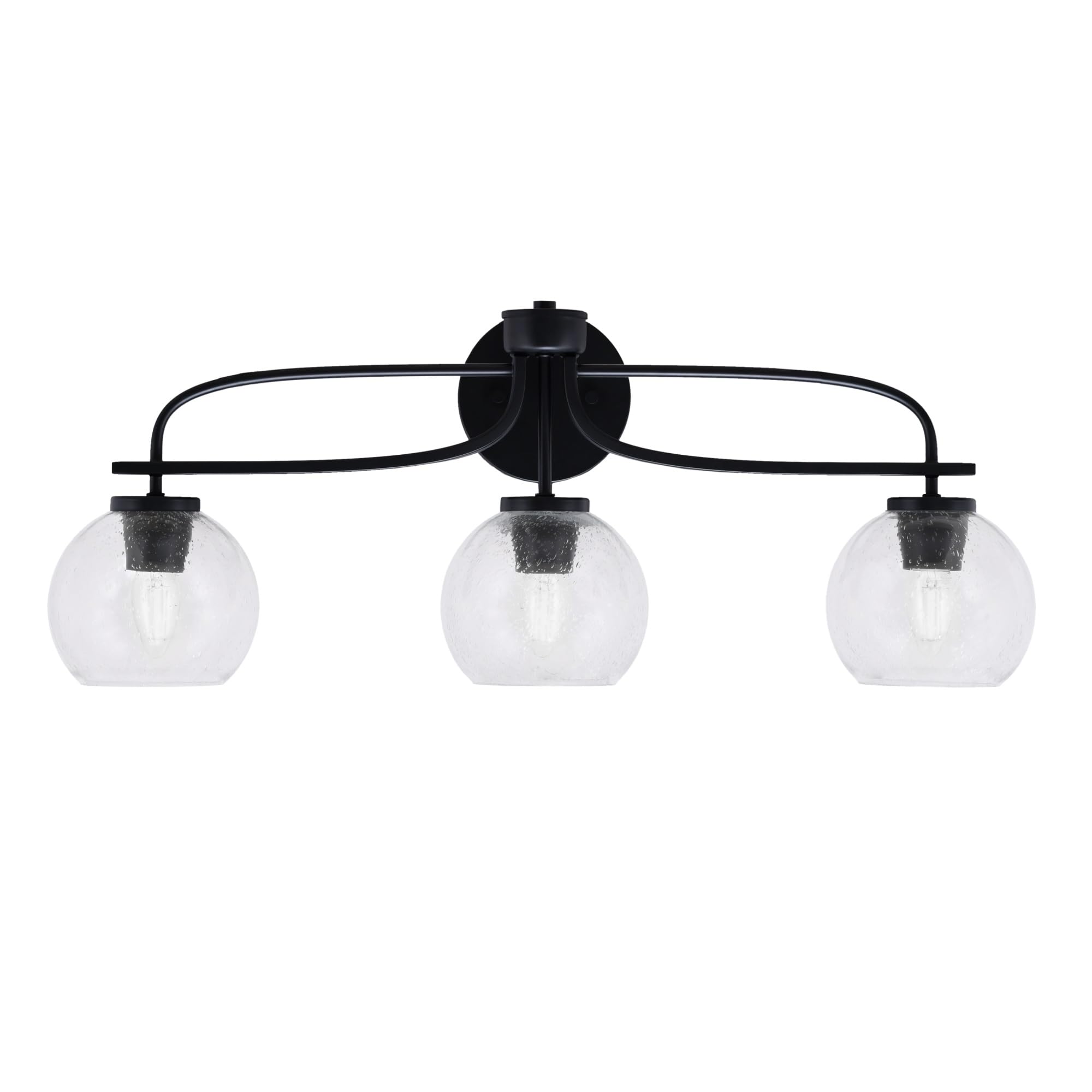 Cavella 3 Light Bath Bar Shown In Matte Black Finish With 5.75" Clear Bubble Glass