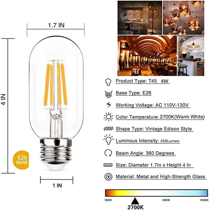 NOTOC E26 LED Light Bulb 4W, Equivalent 40W, T45 Glass, Daylight 4000K, Antique Clear Filament, Pack of 6