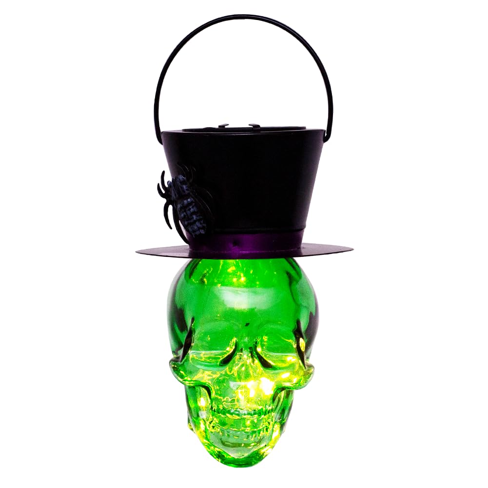 Halloween Skull Decor Hanging Solar Lanterns Lights Decorations Scary Glass Ornaments For Party Garden Porch Yard Patio Lawn (Green)