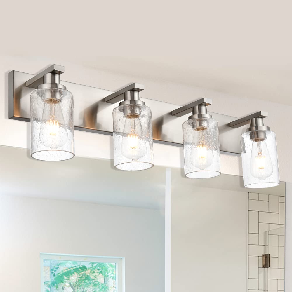 WINSHEN Modern Glass Bathroom Wall Light Fixture, 4-Lights, 31-Inches, Brushed Nickel, Metal, Model SG-501-4L-SN