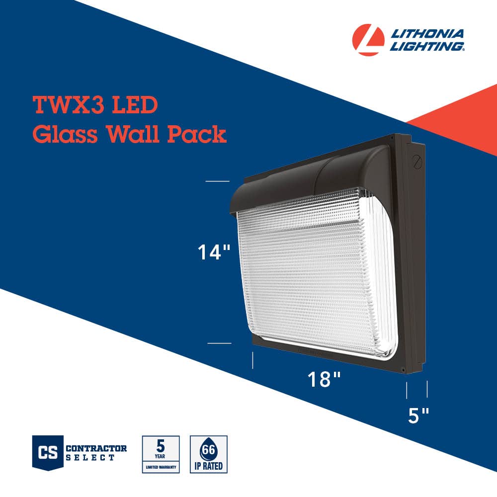 Lithonia Lighting 18" LED Wall Pack Outdoor Fixture, Adjustable Lumens, 5000K Daylight, Model TWX3 LED ALO 50K, Bronze, IP65