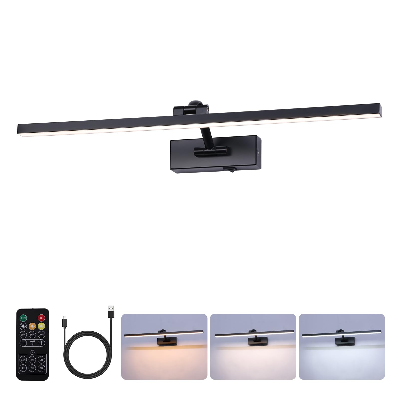 Brivolart Battery Operated Picture Light With Remote Wireless Dimmable Art Lights For discomfort-reducingtings Rechargeable Gallery Light Artwork Lighting For Canvas  Portrait (Black 23.6 Inch)