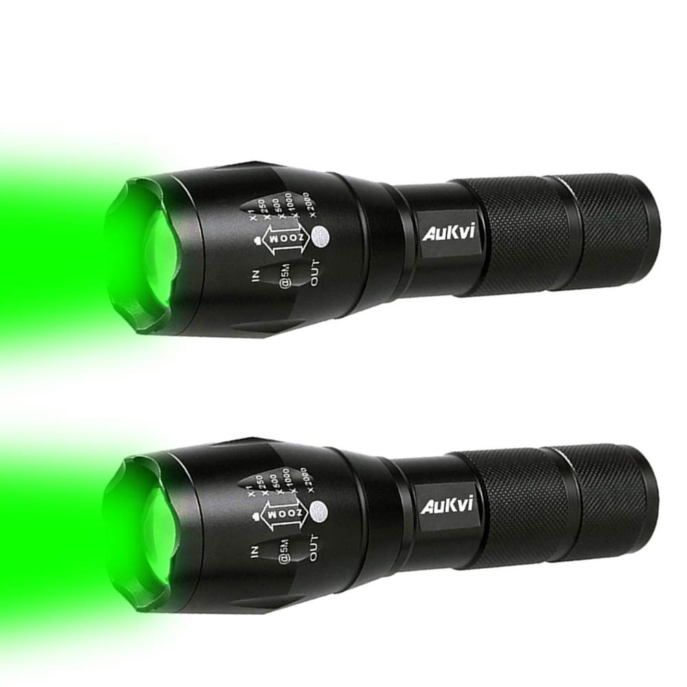 AuKvi 2 Pcs Powerful Green Light Led Flashlight Long Range Single Mode Green Flashlights Torch Best for Fishing Hog Pig Coyote V