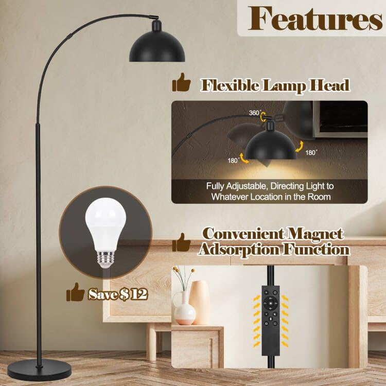 ?Upgraded?Black Arc Floor Lamps For Living Room - Dimmable Arched Floor Lamp With Remote Control & 2700-6000K 9W Led Bulb Includ