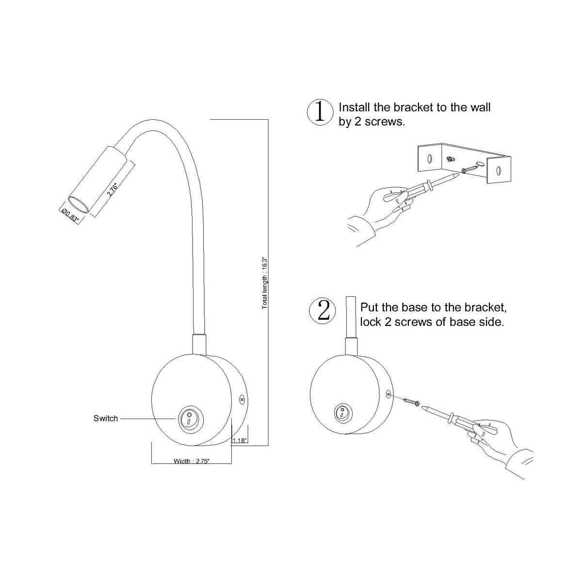 Agese 3W Warm White Wall Sconces Light Lamp With Rocker Switch For Reading In Bed