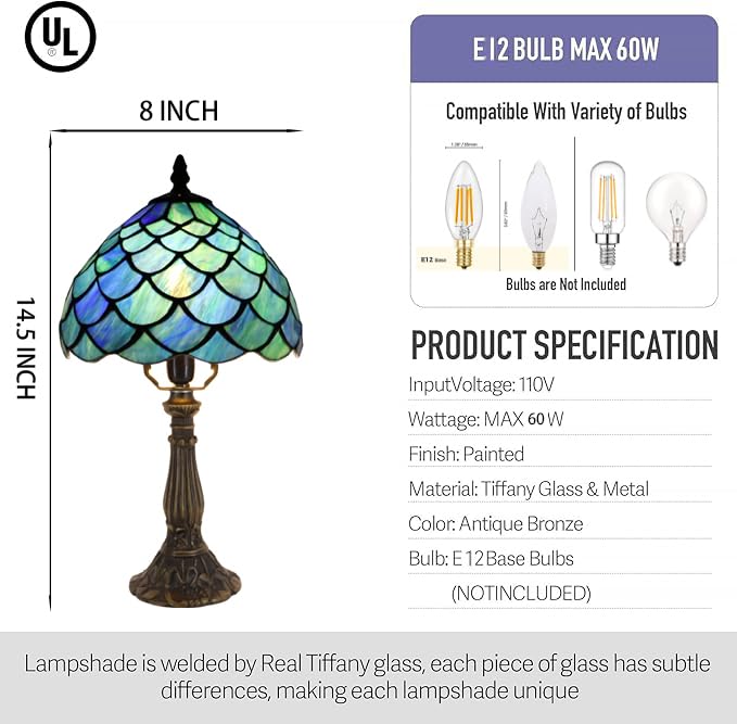 Lxhcyou Small Tiffany Lamp Mini Accent Table Lamp Stained Glass Desk Memory Lamp Sympathy 8X14.5 Inch (Fishscale Style)
