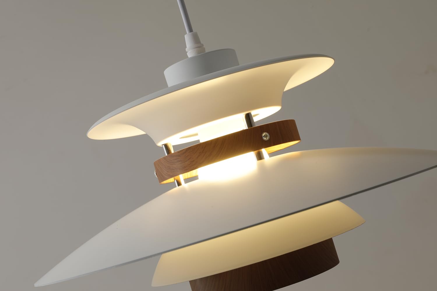 EFINEHOME Modern Adjustable Pendant Lamp, 35cm Aluminum & Wood, E26 Base, White & Dark Wood Grain for Kitchen Island & Dining Room