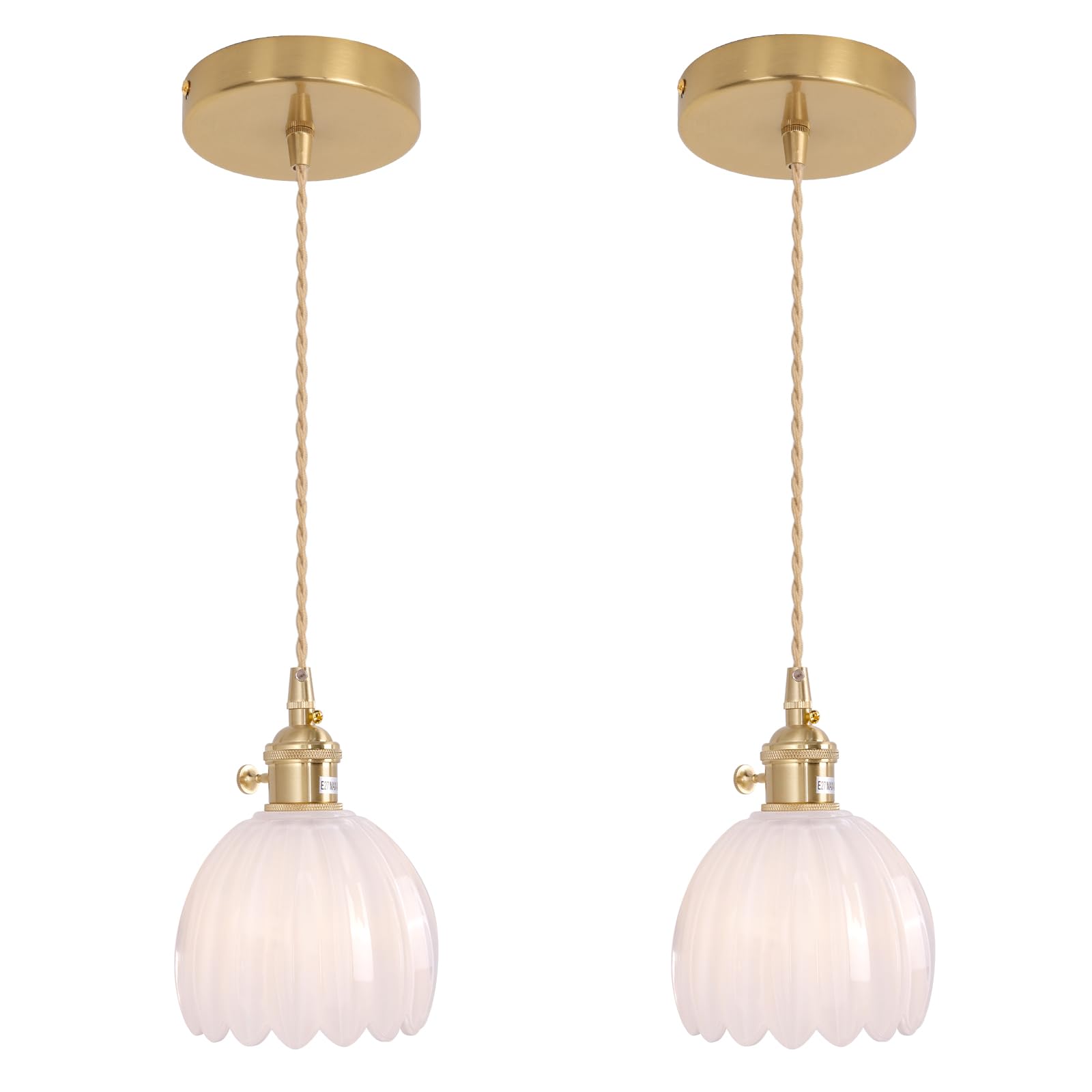 Shenmoyl Mini Pendant Light 2 Pack with White Tulip Glass Lmapshade, Brass Vintage Pendant Light Adjustable Hanging Light for Ki