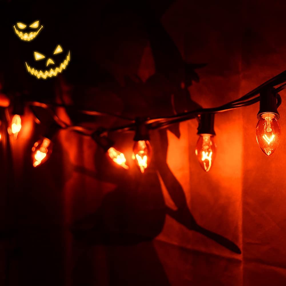 Romasaty C7 Orange Halloween Replacement Bulbs, 25 Count, Glass, C7/E12 Base, 5 Watt
