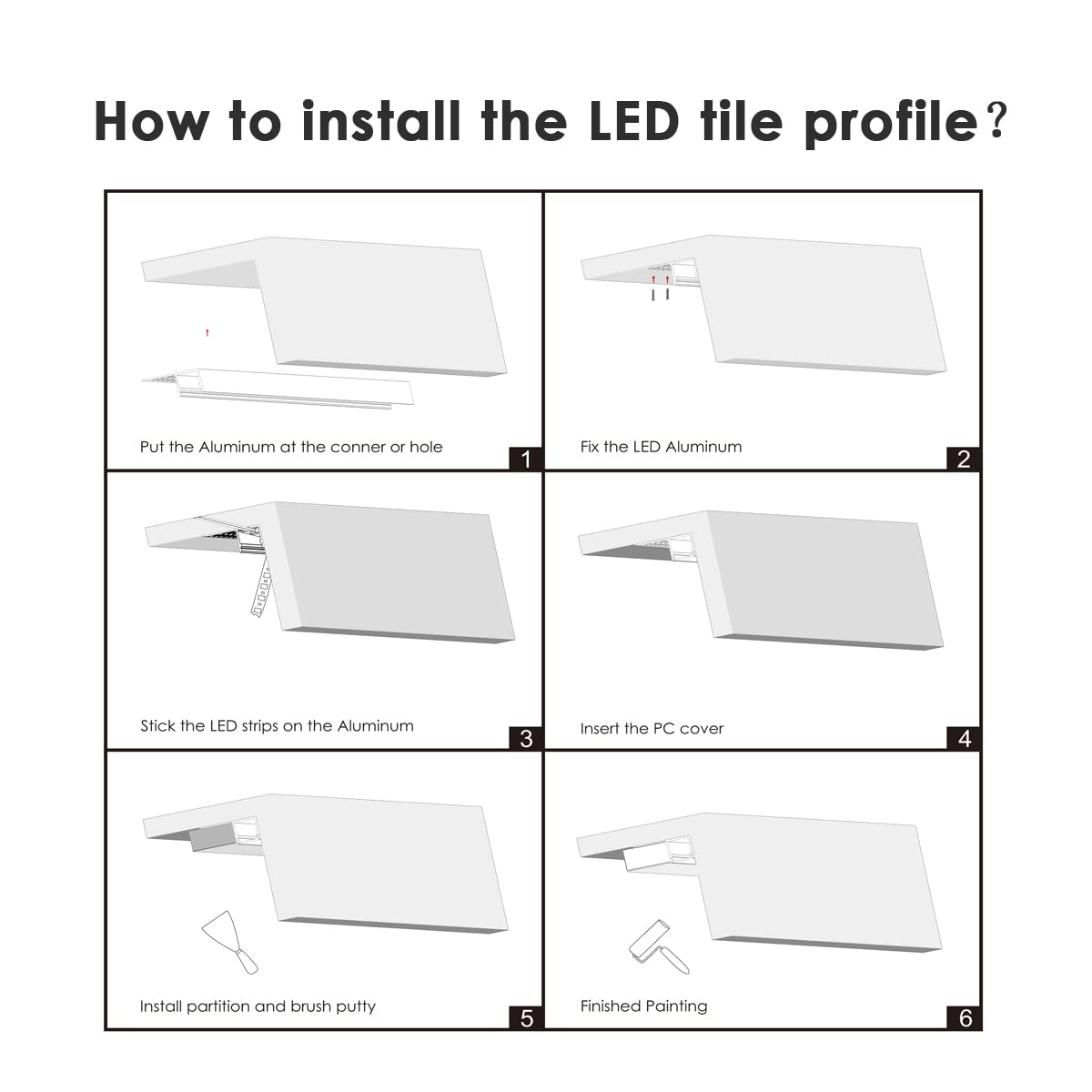 Besseto 6 Pack Plaster-in LED Channel, 3.3FT Aluminum Trimless Profile, Silver with Milky Diffuser & End Caps, Model BES-ALP1M-LDS
