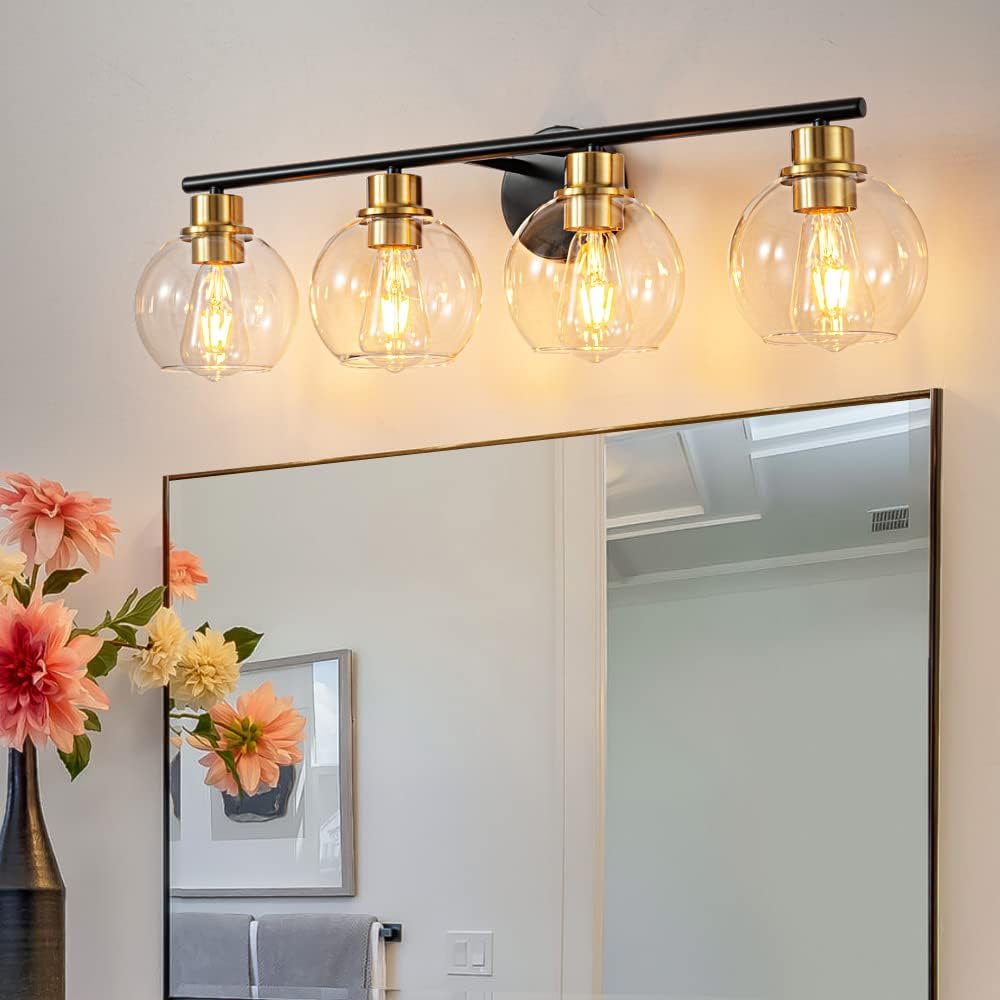 Lanmate Bathroom Vanity Light Fixture 4-Light Over Mirror 29.5in Metal Black and Gold Clear Glass Shade