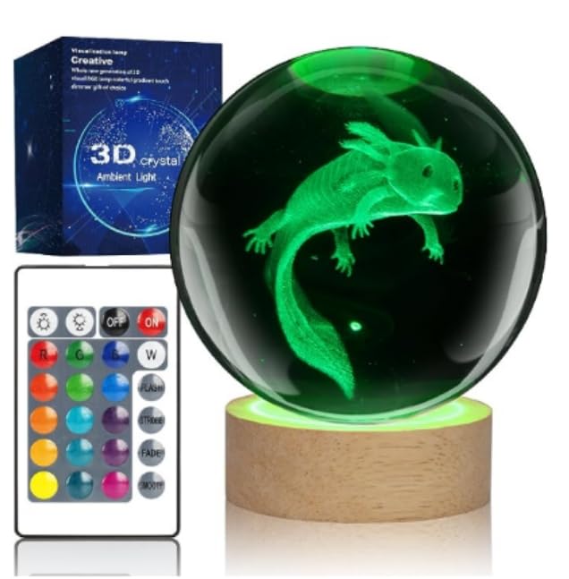 JANARARY Large 3D Axolotl Crystal Ball Night Light, Axolotl Lamp 16 Color Changing with Remote Control for Bedroom Decor, Ideal 