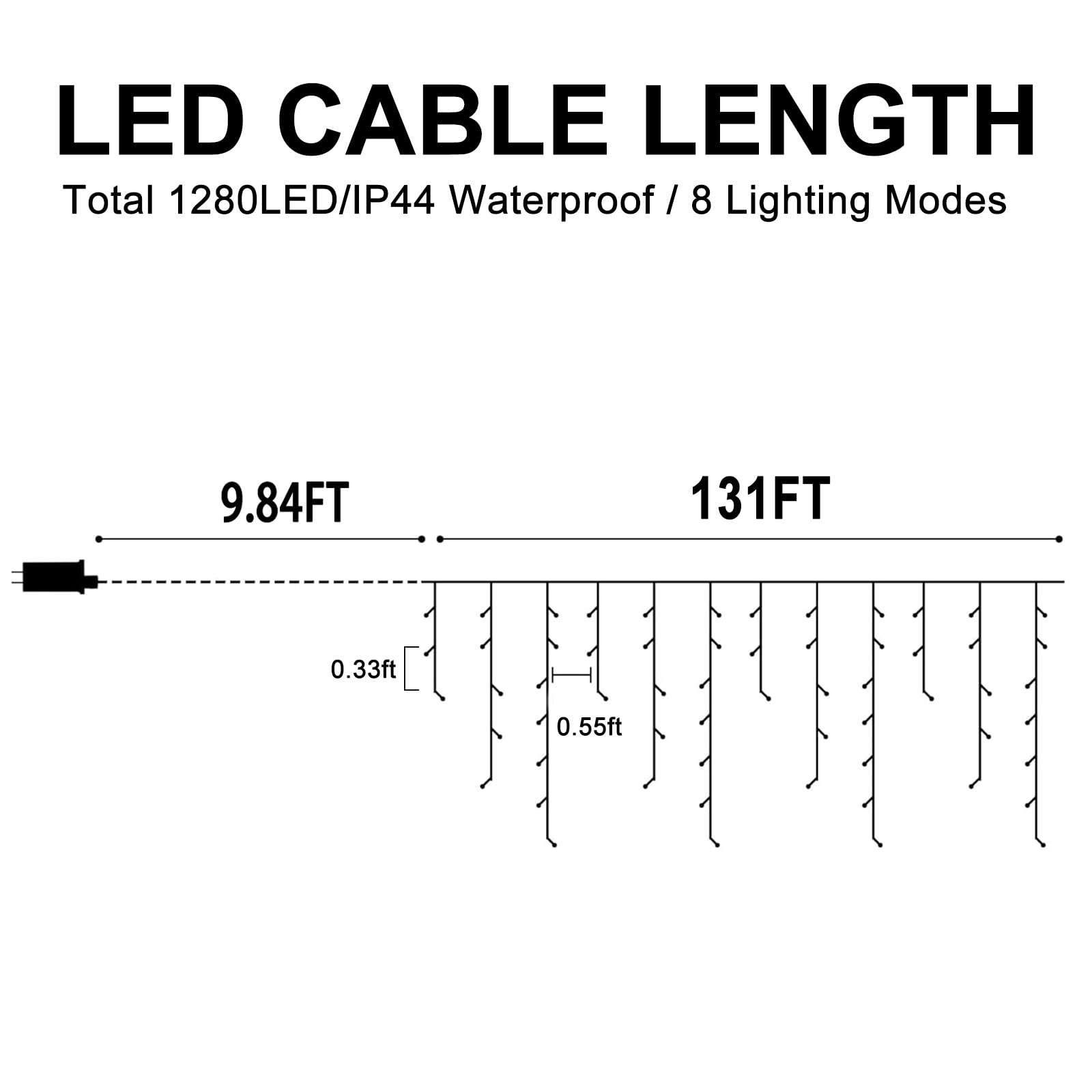 Heceltt Christmas Lights Outdoor Decorations, 1280 LED 131FT Warm White Ice String Lights, Clear Wire, 8 Modes with Timer