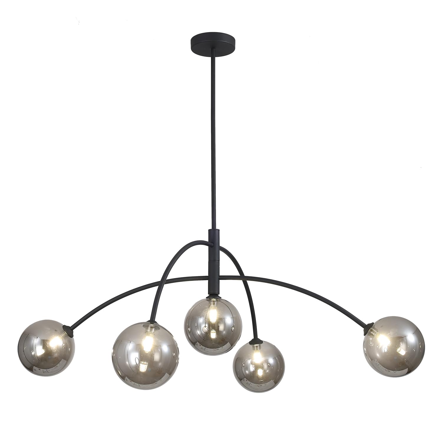 Fulesi Mid Century Modern Chandelier Black 5 Light Industrial Pendant Light Fixture Vintage Smoke Gray Globe Glass Sputnik Chand