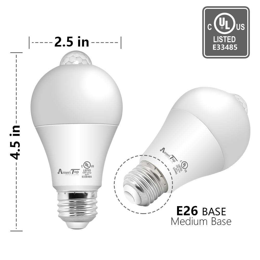 AmeriTop Motion Sensor Light Bulb, 10W (60W Equivalent), 806lm, Dusk to Dawn, 4 Pack, 3000K Warm White, UL Listed, Indoor