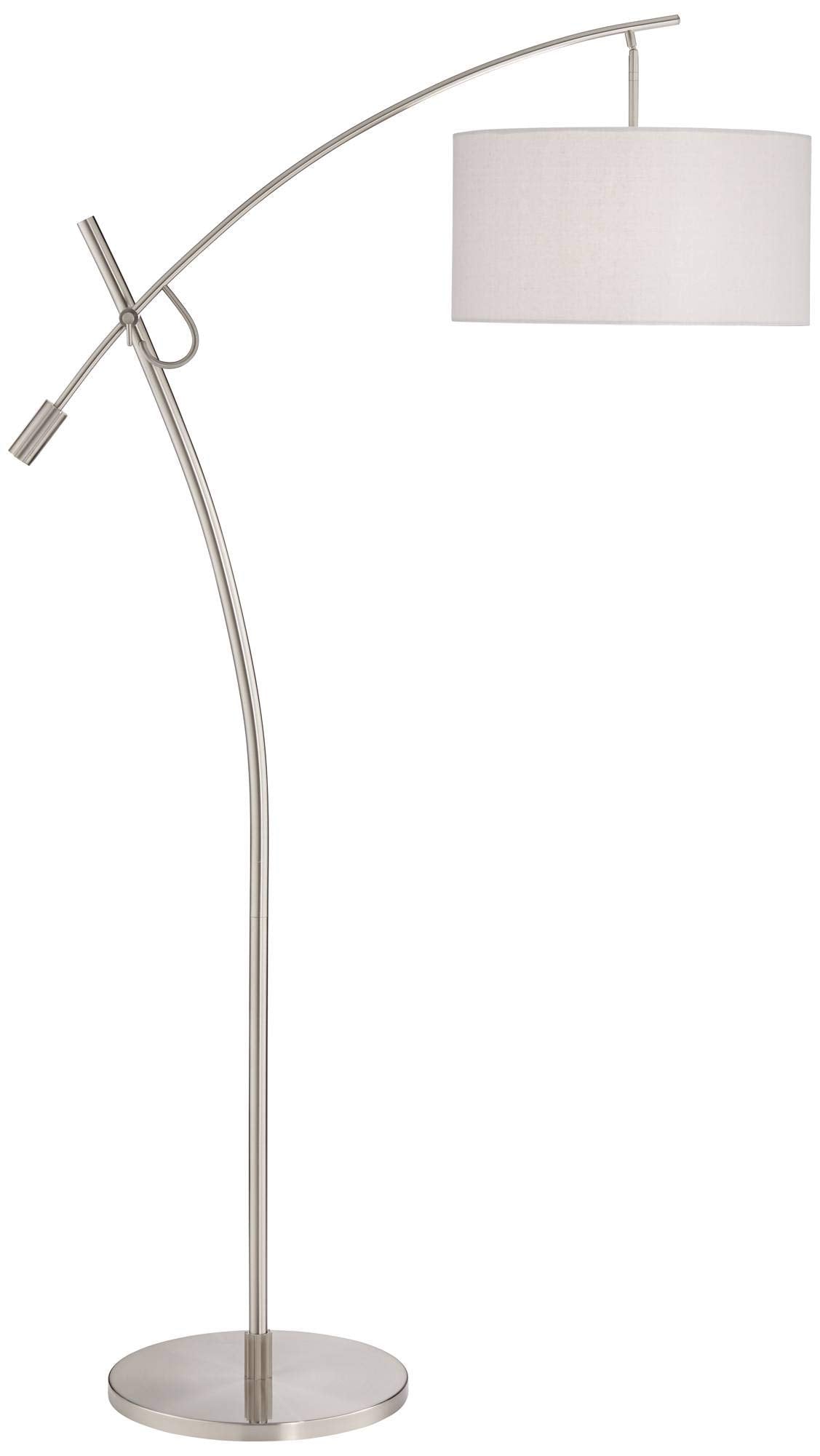 Possini Euro Design Modern Standing Arc Floor Lamp Adjustable Boom Arm 69'' Tall Brushed Nickel Off White Linen Fabric Drum Shad