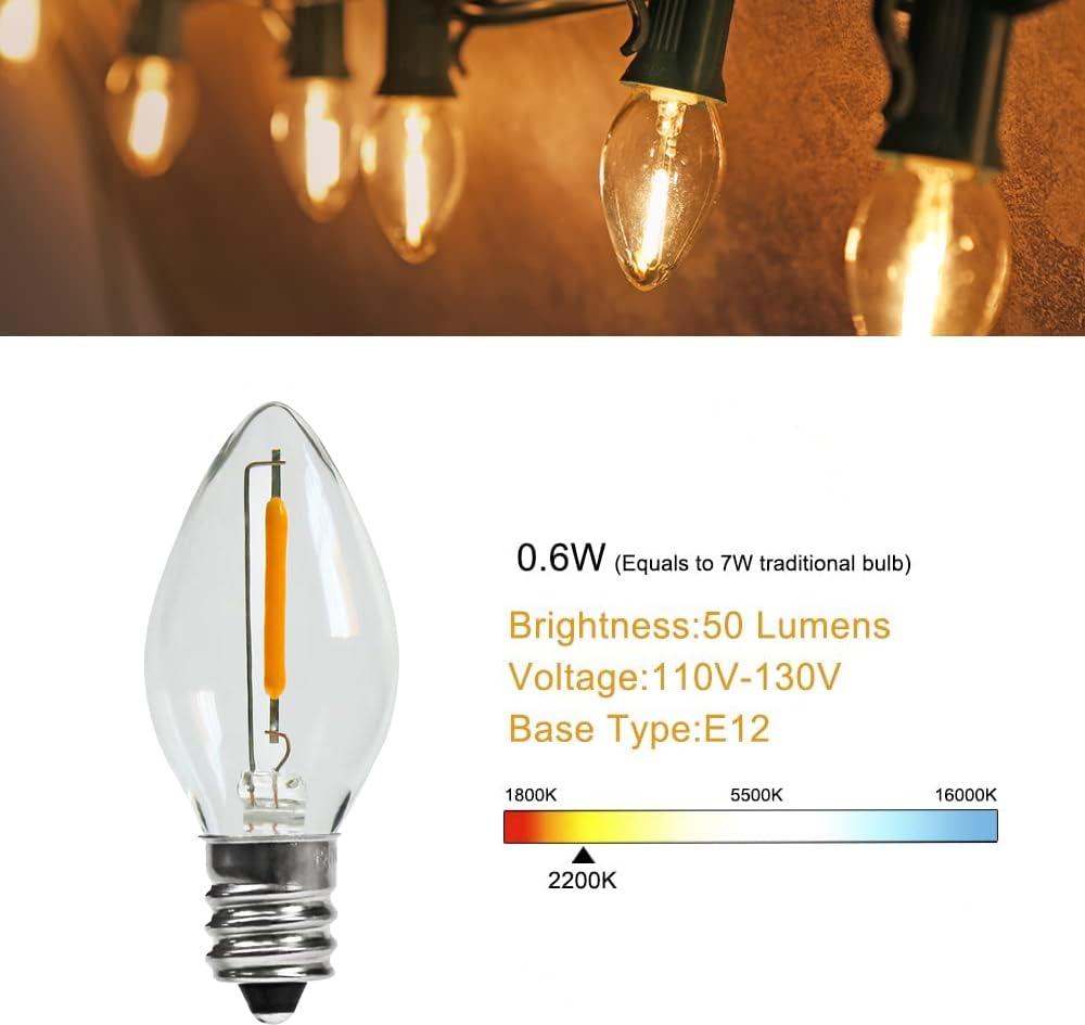 Kgc 25Pack C7 Led Christmas Light Bulb, E12 Base Waterproof Led Bulbs For String Light, 0.6W 2200K Warm White 50Lm, Clear Plastic Night Lights C7 Led Replacement Bulbs For Christmas String Lights.