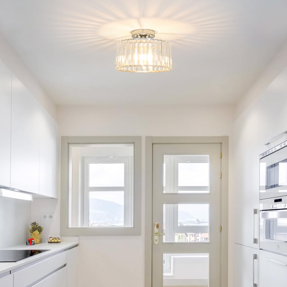 Crystal Ceiling Light Fixture, Chrome Close To Ceiling Light Fixtures, Modern Semi Flush Mount Ceiling Light, Hallway Lighting F