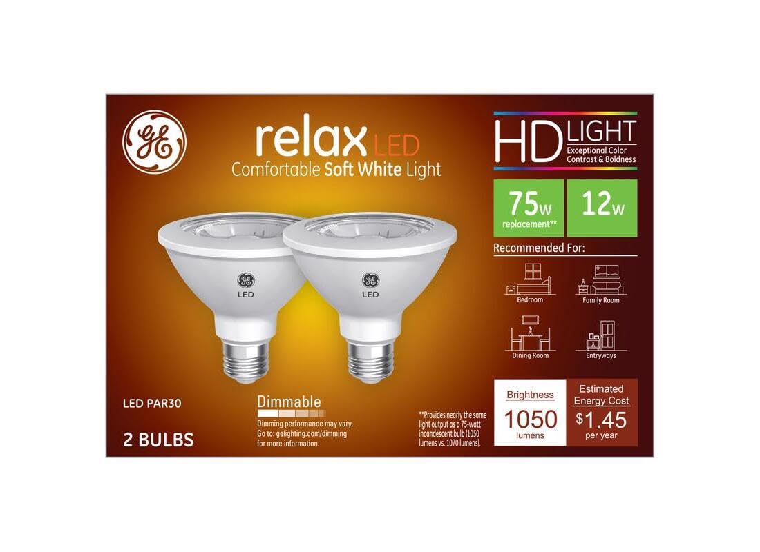 GE Relax LED Light Bulb, 75W PAR30 Outdoor Floodlights, Soft White, 2 Pack, Plastic