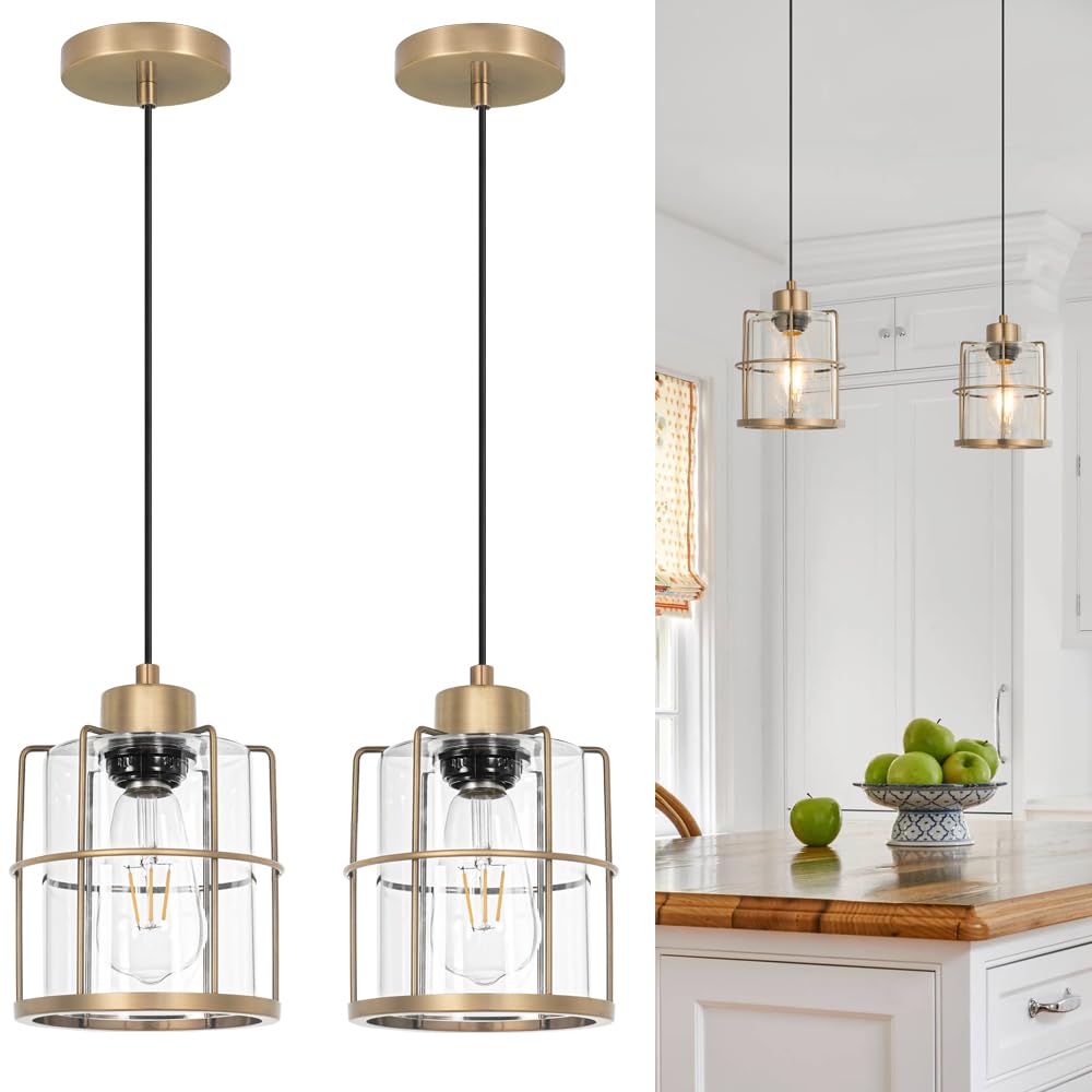 Modern Gold Clear Glass Cylinder Farmhouse Pendant Light Fixture, Kitchen Island Brass Light Fixture, Pendant Medium Hanging Lig