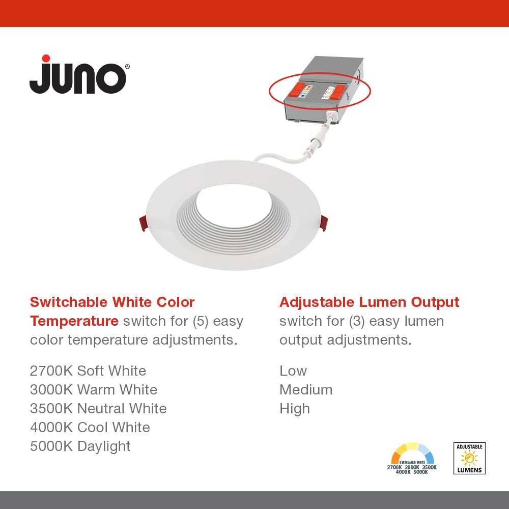 Juno Wf6 Dreg B Alo20 Sww5 90Cri Mw M6 Canless Wafer Recessed Led Downlight, Deep Regressed Baffled Trim Style, 6-Inch, Matte Wh
