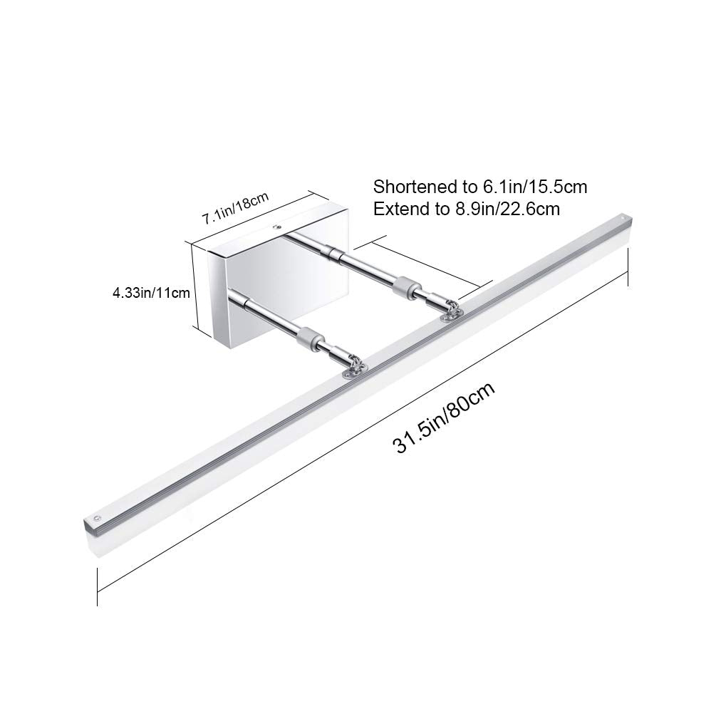 Aipsun 31.5" LED Vanity Light Fixture, Chrome Stainless Steel, Adjustable Bathroom Lighting, Model Ca-6480-80cm, 5500K