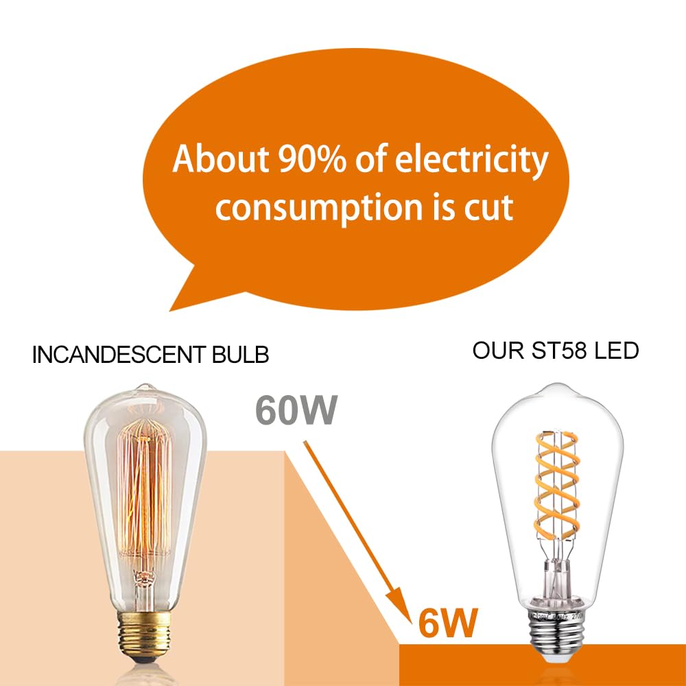 Austin Coast 4 Pcs Dimmable Vintage Led Edison Bulbs, 6W Equivalent 60 Watt, Warm White 2700K, Antique Flexible Spiral Led Filam