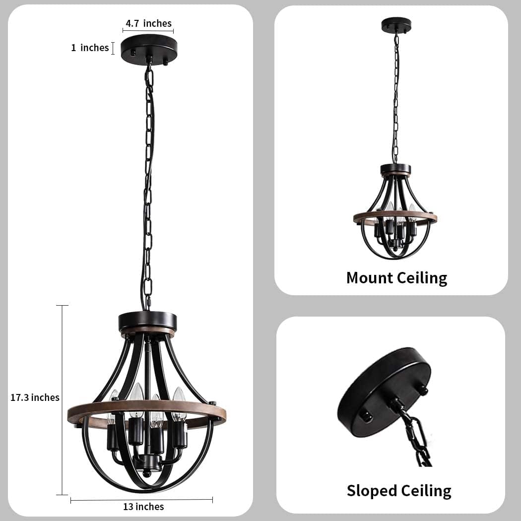 Lanpesting 4-Light Rustic Farmhouse Chandelier, Iron Pendant Lighting, Brown/Black, Model CH-A154-4 for Hallway, Dining Room, Kitchen