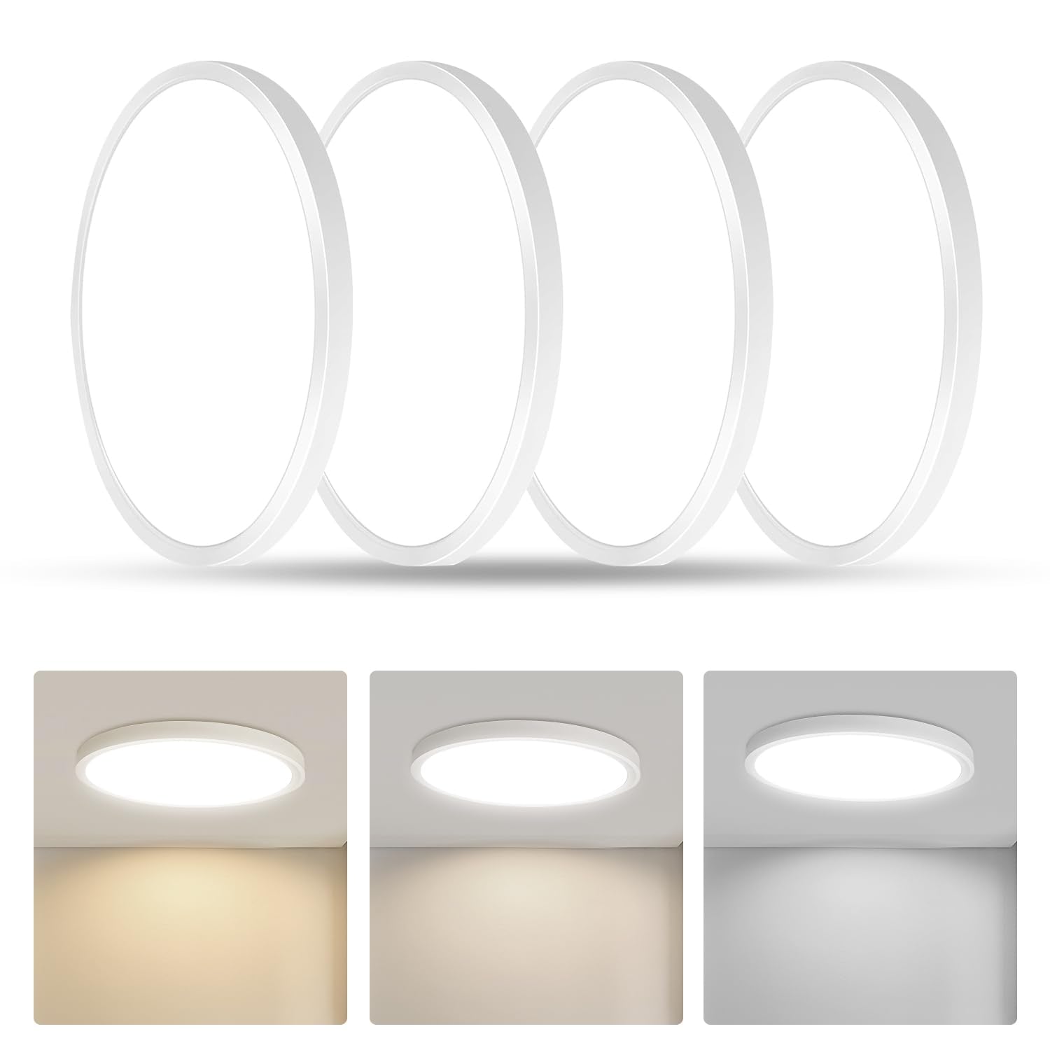 RLEDPZTX LED Flush Mount Ceiling Light, 18W 1860lm, 3CCT Selectable, 9 Inch, White, Round Modern Flat Panel, 4 Pack