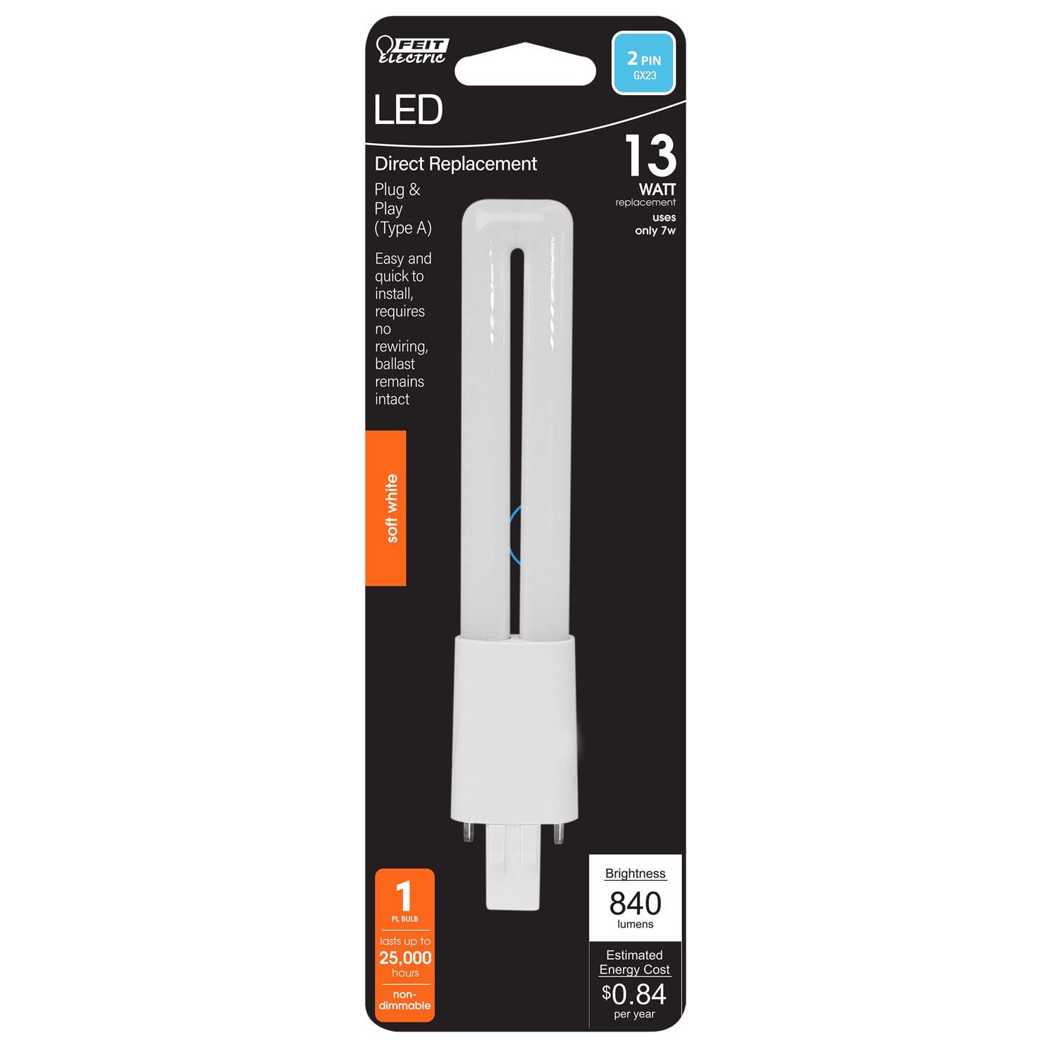 Feit Electric PL GX23 LED Tube Light 13W Equivalent, Soft White, Model BPPLD13827LDHDR, One Size