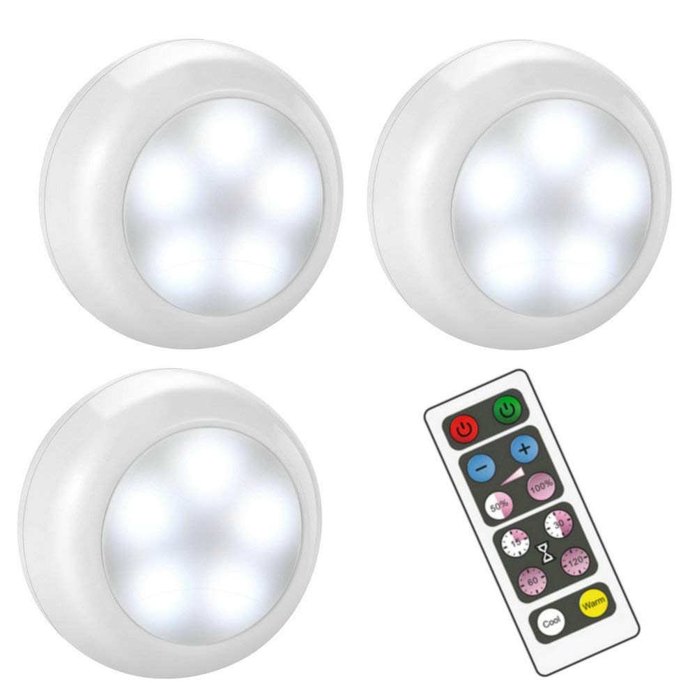 BLS Wireless LED Puck Lights, AA-1030, Battery Operated, Dimmable, Timer, 3 Pack, Cool White & Warm White, 3 inches, ABS Material