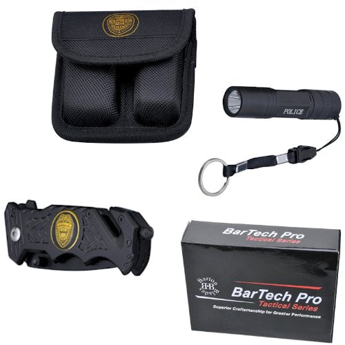 Barton Outdoor Survival Knife And Flashlight Set - Black Finish - Police - Led Light - 3.5&quot; Blade - Seat Belt Cutter, Glass Breaker In Black Nylon Case With Logo On Knife Handle And Pouch