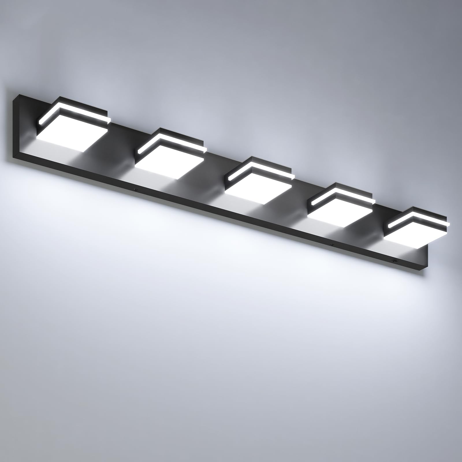 VOLISUN 5-Light Bathroom Vanity Light, 40-Inch, Black LED Lighting, 6000K, Model 9553F, 360° Rotatable Head, Acrylic Material