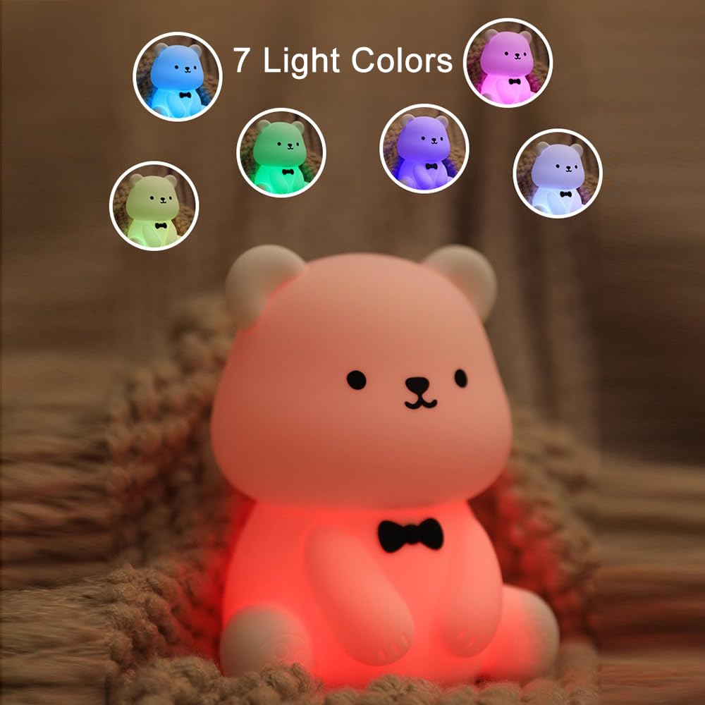 ipalmay Bear Night Lamp- 30min Auto-Off Kids Toddler Nursery Bedside Nightlight, 3 Brightness Modes 6 Light Colors Night Light f