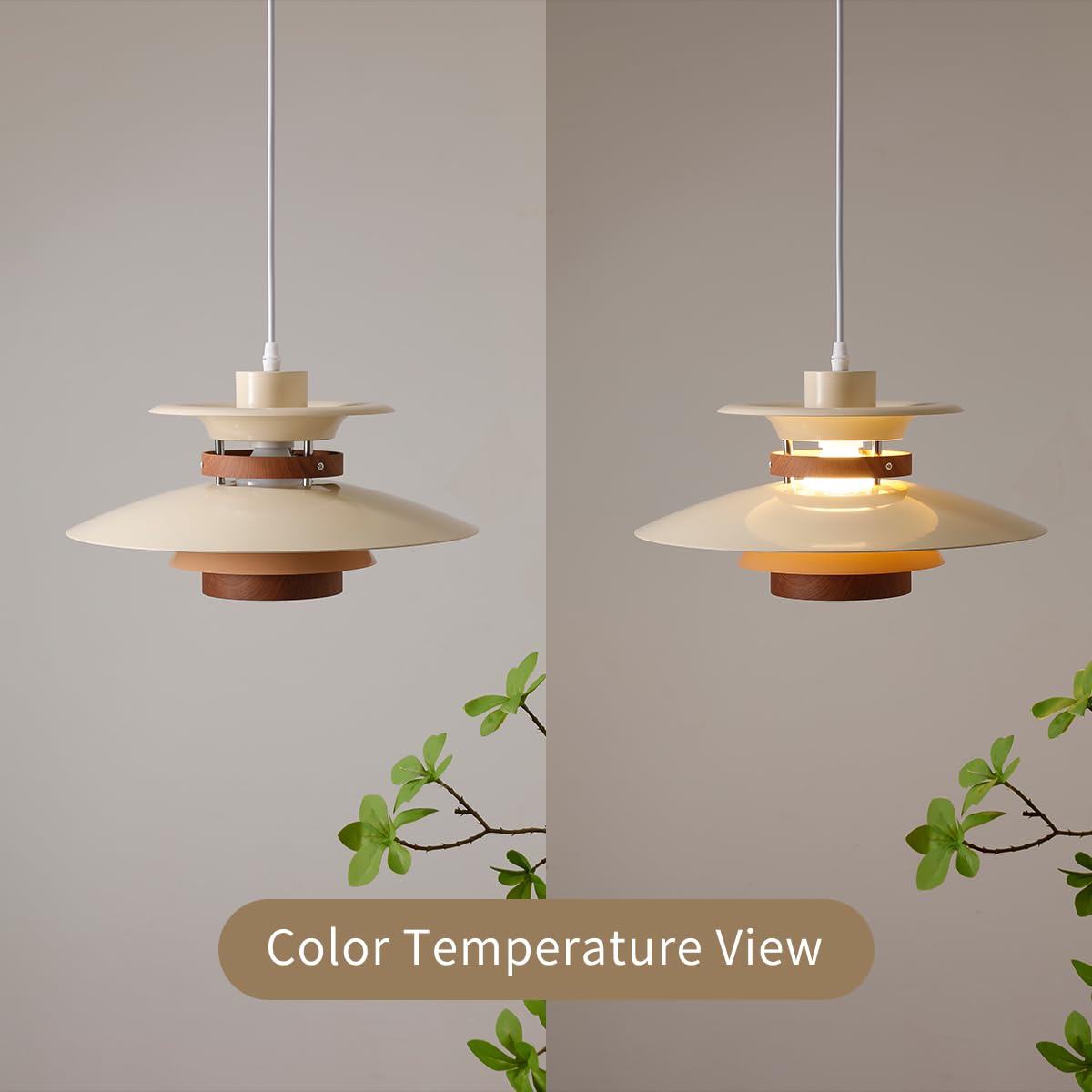 EFINEHOME Adjustable Pendant Lamp, 1-Light E26 Base, Aluminum & Wood Finish, 40cm, Beige+Dark Wood Grain, Model EFLM22385H
