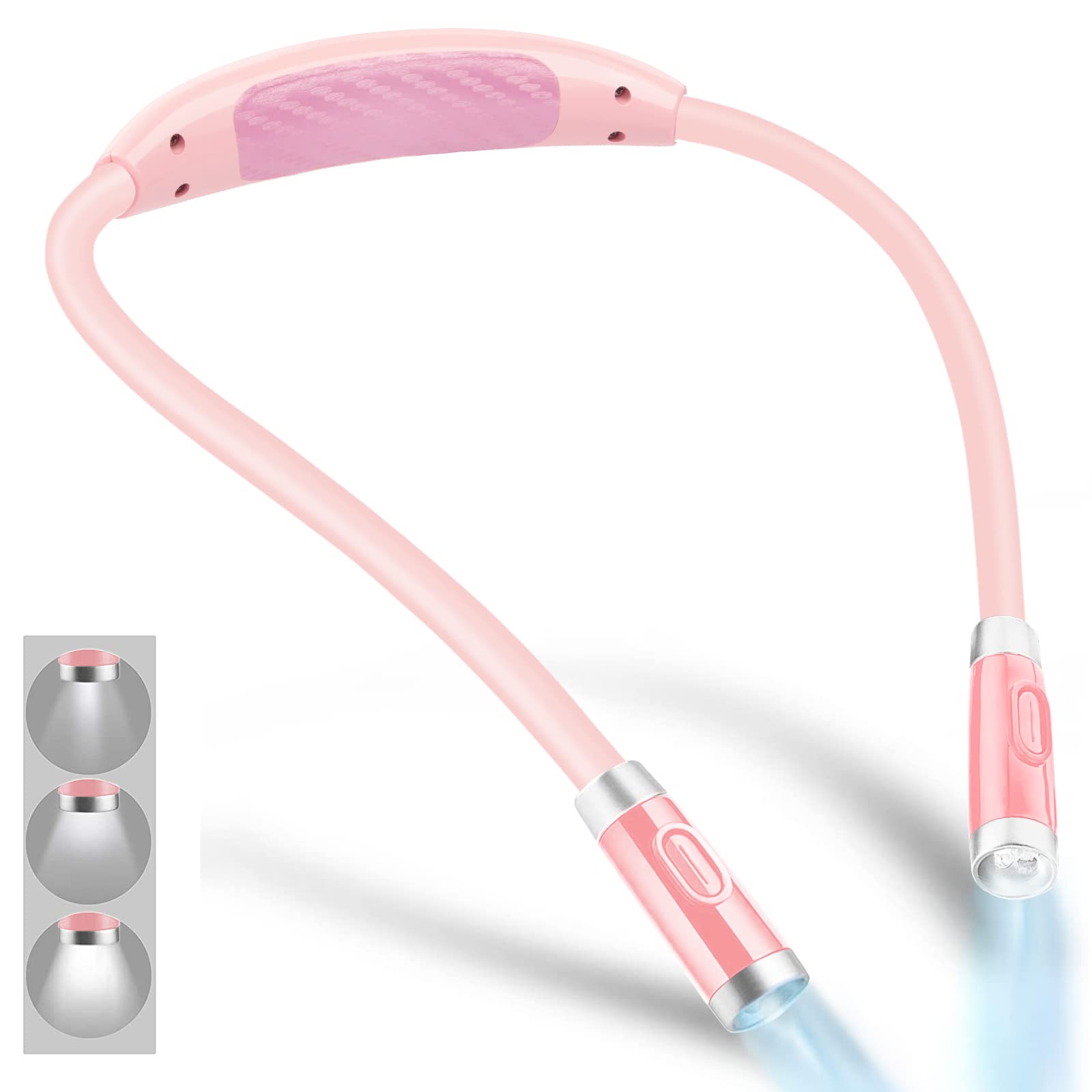 Vekkia Rechargeable LED Neck Reading Light, 3 Brightness Levels, Flexible Silicone Arms, Pink, Model 4LED-NL