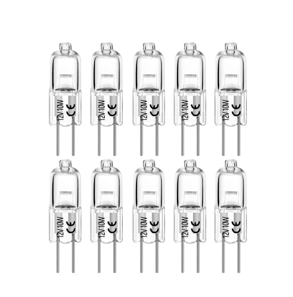 10 Pack Crystal Clear 4MM Wide 20 Watt AC DC 12V T3 Light Bulb Replacement JC G4 2 Pin Base Halogen Kitchen Table Pendant Lamp 12 Volt 20W Bi-Pin Warm Clear Bright White Landscape Desk Lighting