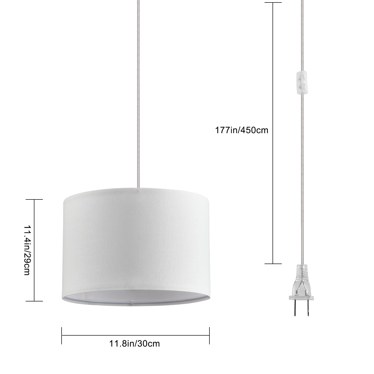 Ihengyanlt 2 Pack Plug In Pendant Light, Hanging Light With 15Ft Clear Cord, On/Off Switch, White Fabric Lamp Shade, Hanging Light Fixture For Bedroom, Kitchen, Living Room, Dining Table