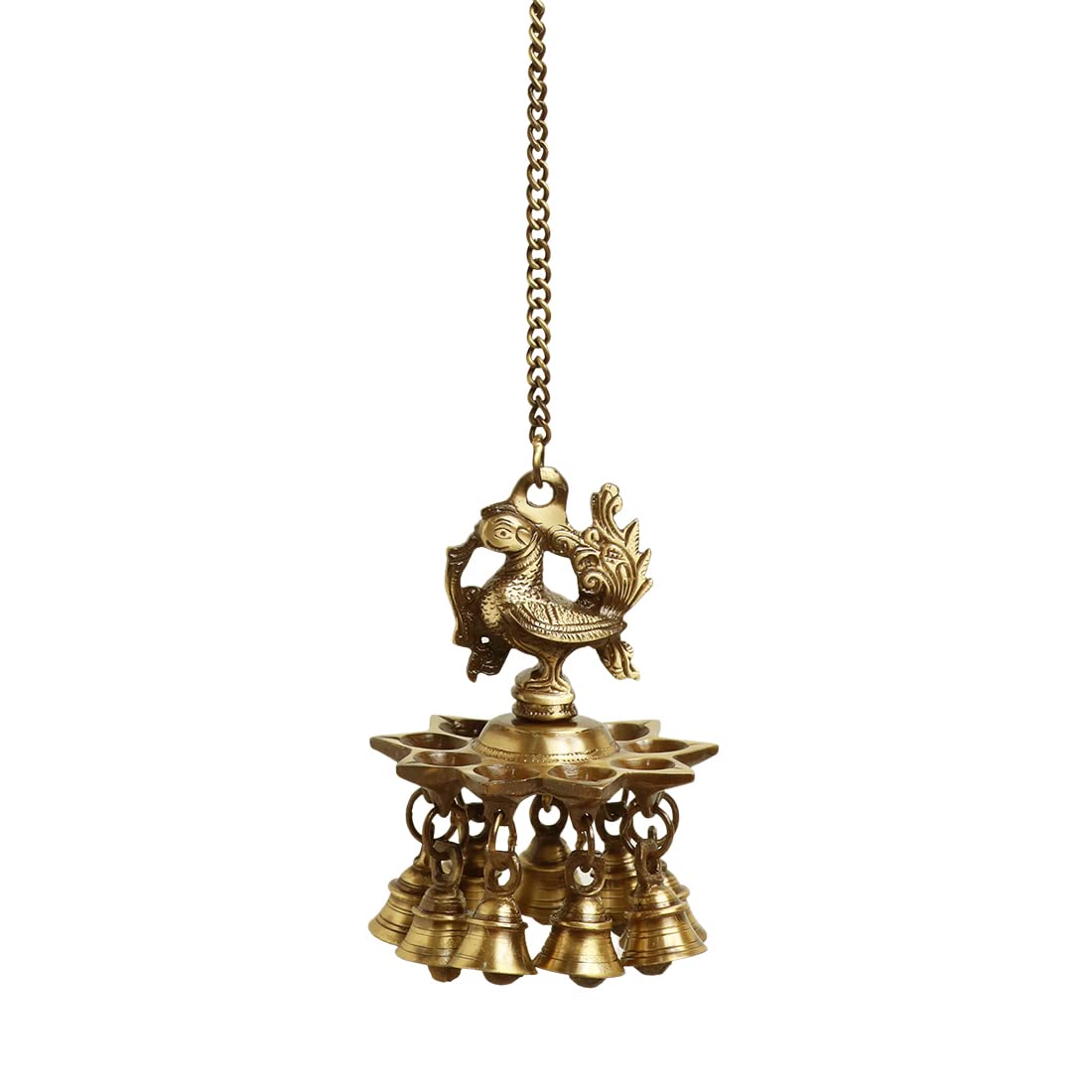 ExclusiveLane Paradise Peacock Hand-Etched Decorative Pure Brass Hanging Diya for Puja Room Mandir with Bell (9 Diyas & Bells, 2