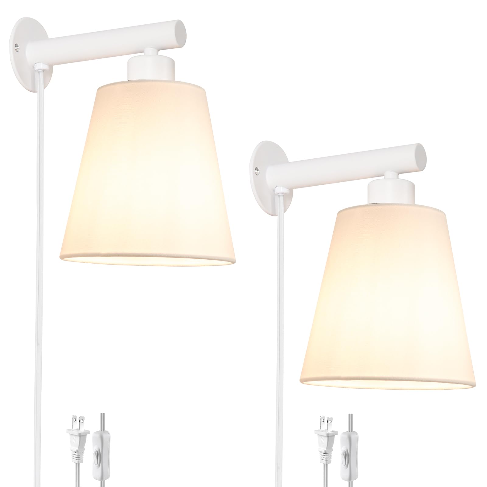 Oiyio White Plug In Wall Sconces Set Of Two, White Wall Sconce With Cord, Bedside Wall Lamps Plug In Set Of 2 With Fabric Linen Shade, Plug In Wall Decor Bedroom Sconces For Living Room Hallway Porch