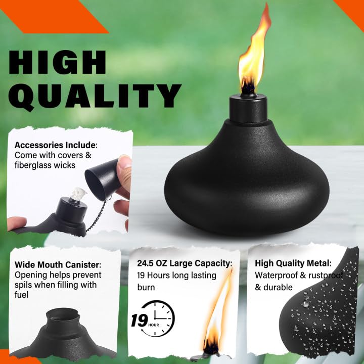 Fan-Torches 6 Pack Citronella Metal Table Top Torches - Refillable Outdoor Lanterns For Patio & Garden