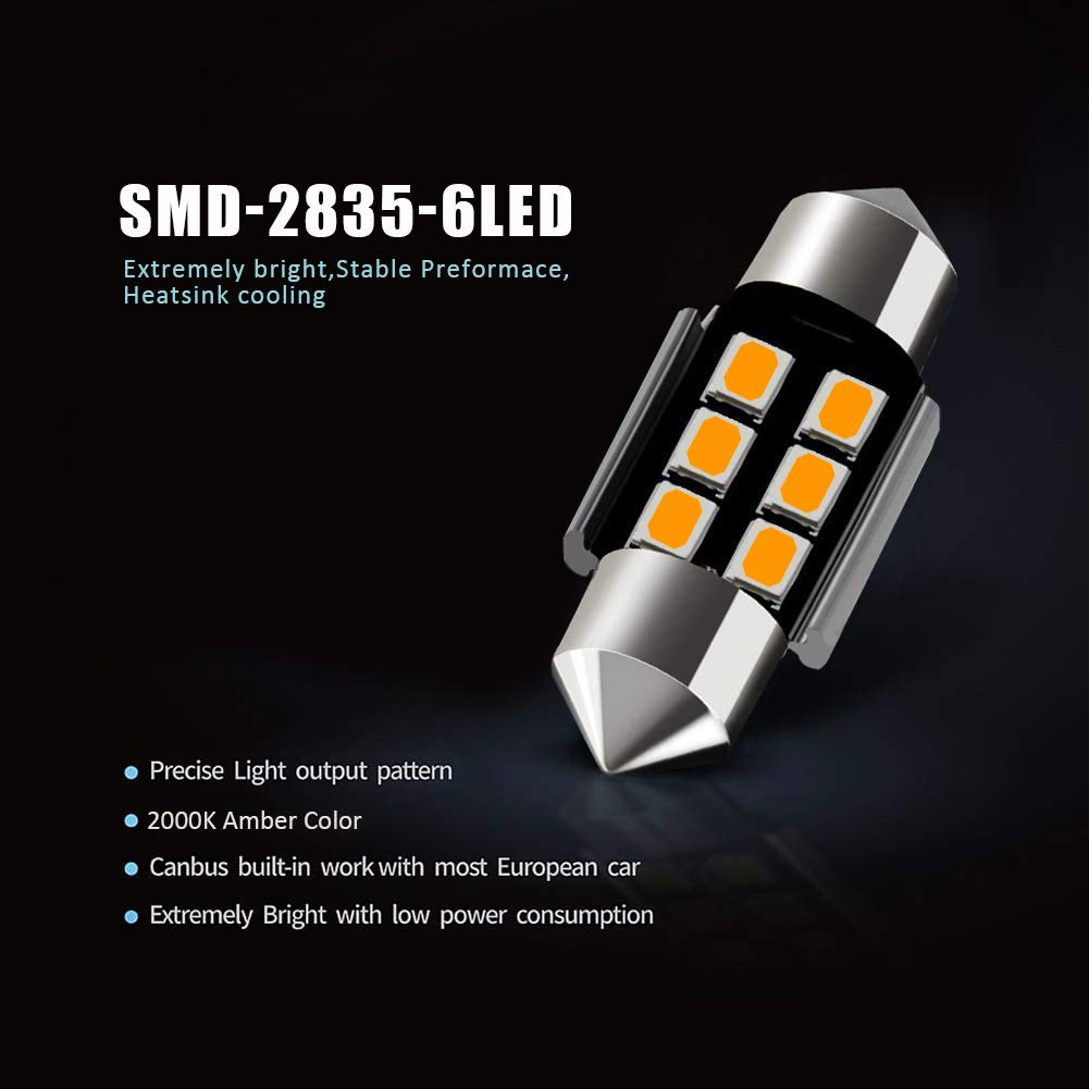 AUXLIGHT LED Festoon Bulbs, Amber Yellow, 31MM, Canbus Error Free, Super Bright 6SMD Chips, Pack of 6